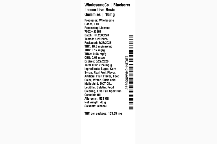 Indica Live Resin Gummy 10mg - Blueberry Lemon by WholesomeCo